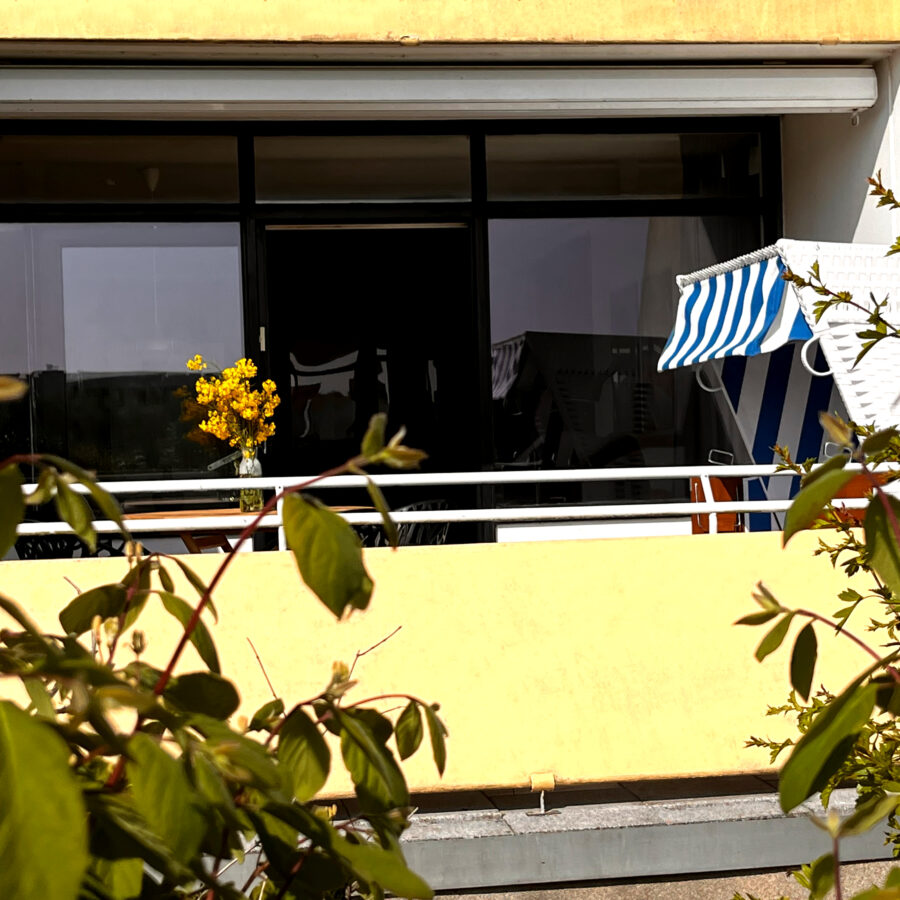 Terrasse der ZweiteLiebe von der Wiese aus gesehen, mit Strandkorb und Sitzplatz vor der großen Fensterfront.