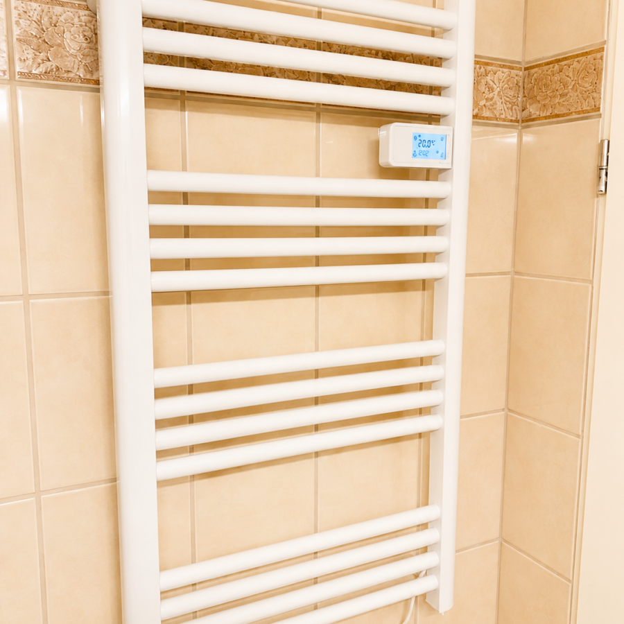 Weißer Handtuchheizkörper an der gefliesten Wand im Badezimmer der ZweiteLiebe.