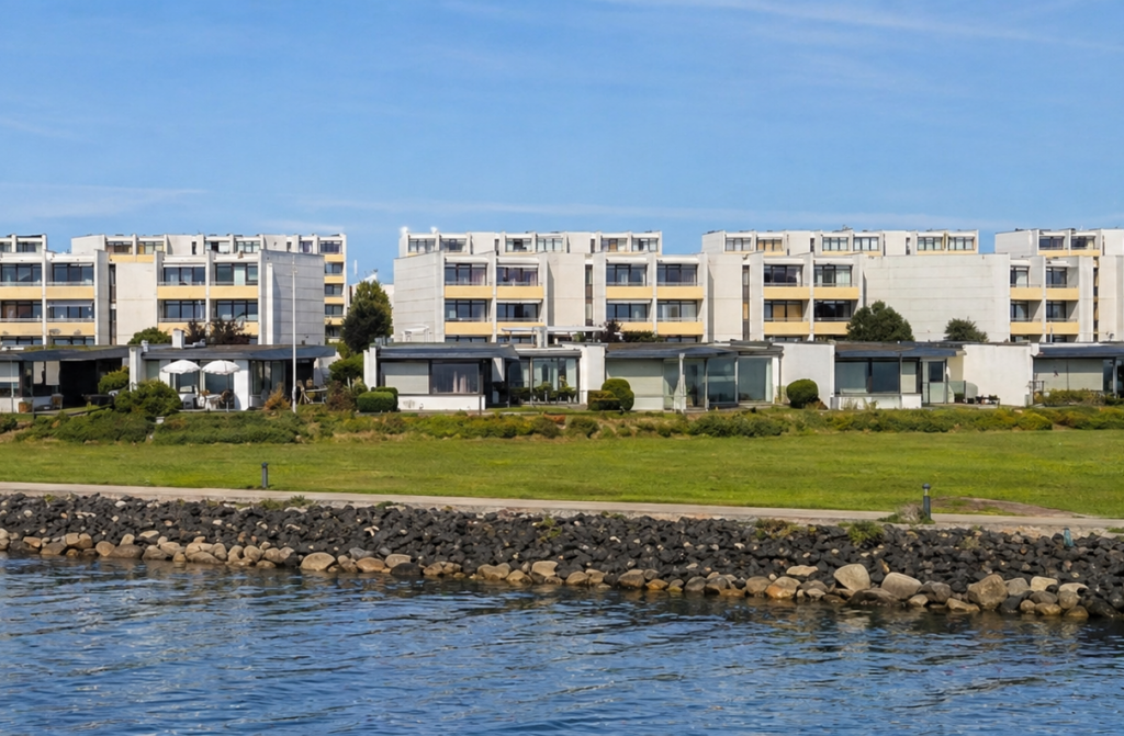 Ansicht der Arne Jacobsen Siedlung vom Wasser