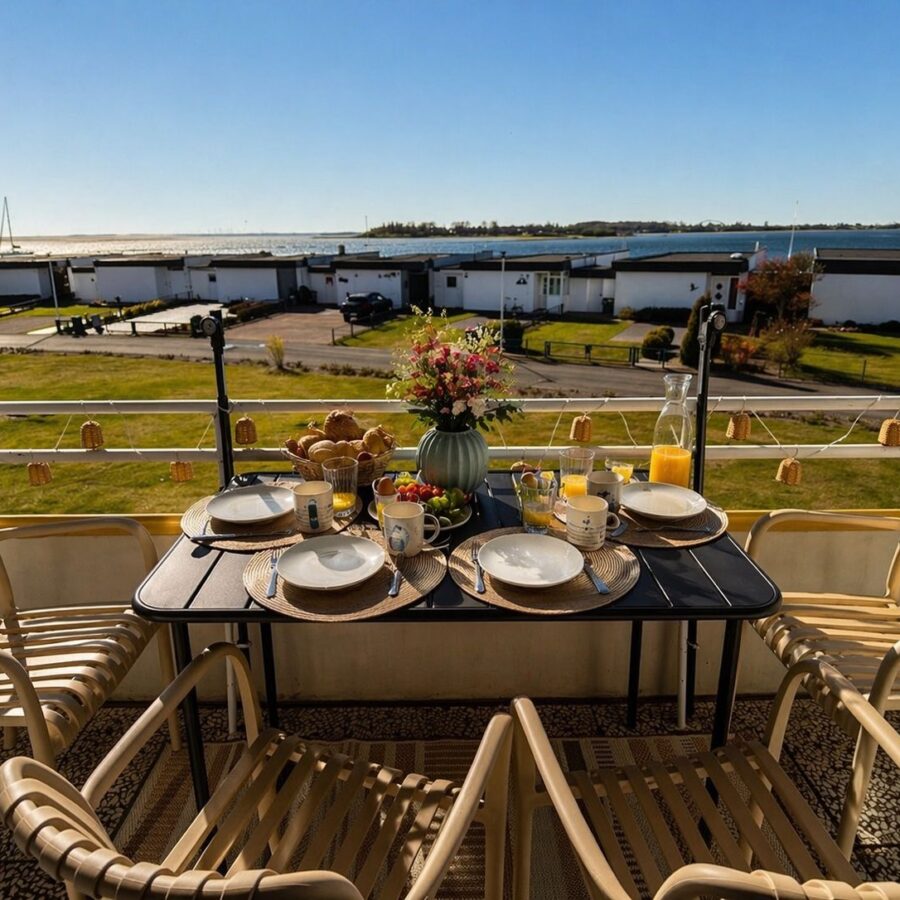 Gedeckter Frühstückstisch auf dem Balkon der Meerzeitliebe mit Meerblick auf Ostsee und Burger Binnensee.