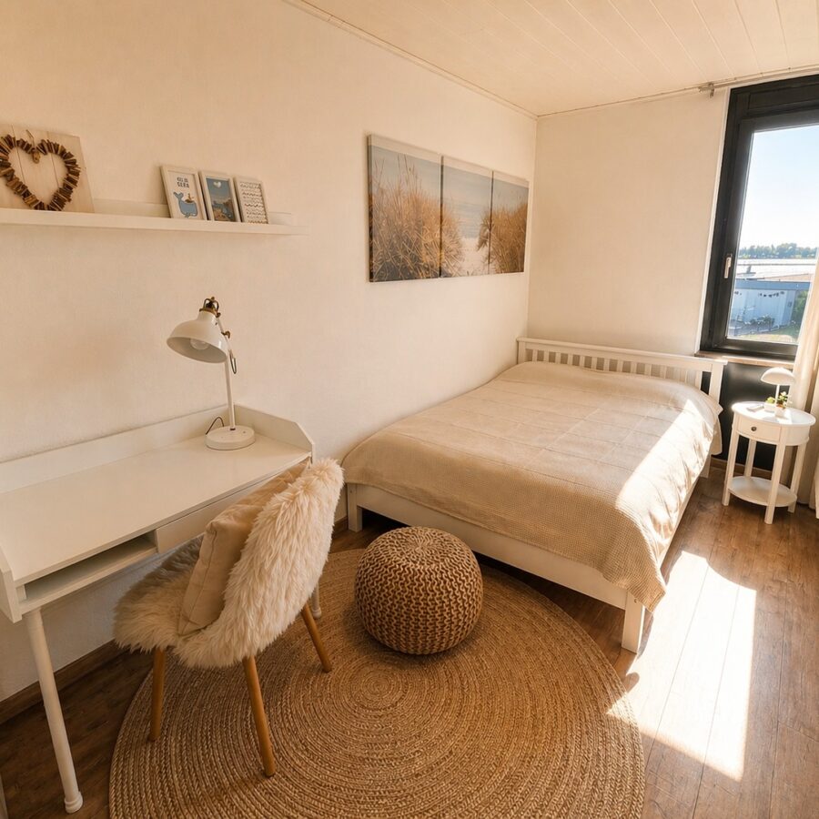 Schlafzimmer der Meerzeitliebe mit Doppelbett, Wandbildern und weißem Schreibtisch am Fenster