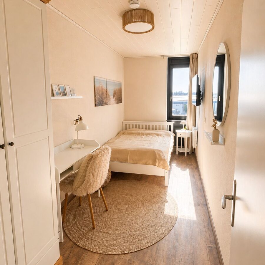 Blick von der Tür in das Schlafzimmer der Meerzeitliebe mit Doppelbett, hellen Möbeln und Fenster.
