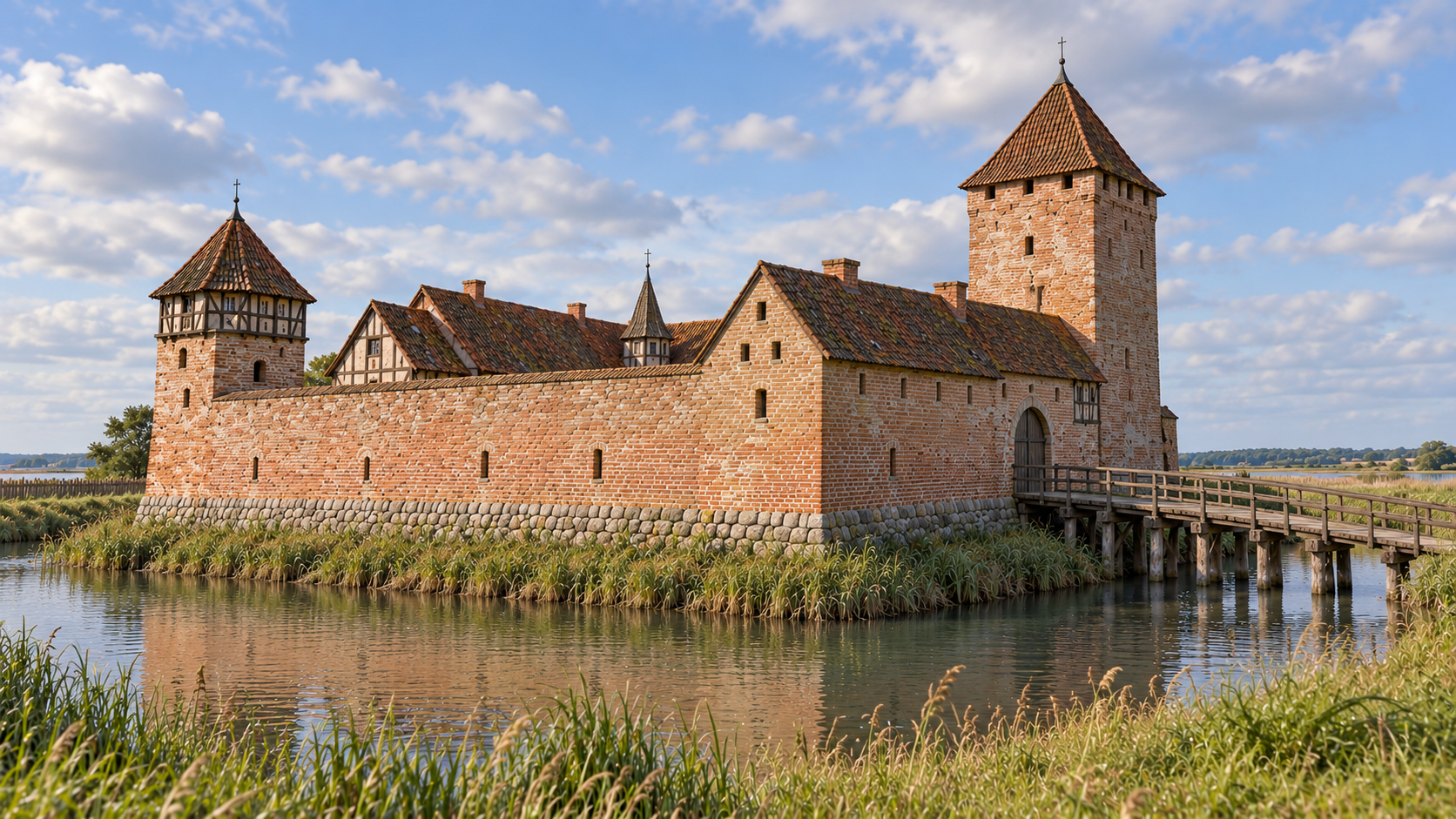 Rekonstruktion der mittelalterlichen Burg Glambek auf der Halbinsel Burgtiefe auf Fehmarn, erzeugt mit künstlicher Intelligenz