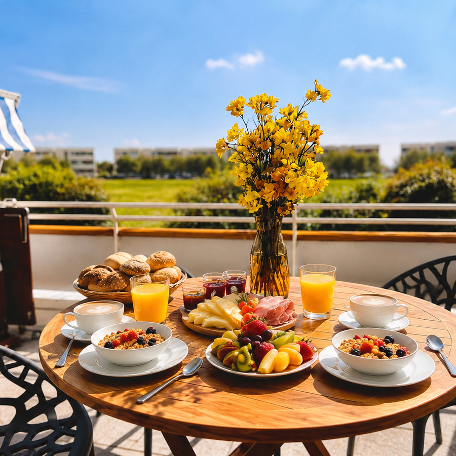Frühstückstisch mit Brötchen, Getränken und blühendem Raps auf der Terrasse der ZweiteLiebe mit Wiesenblick.