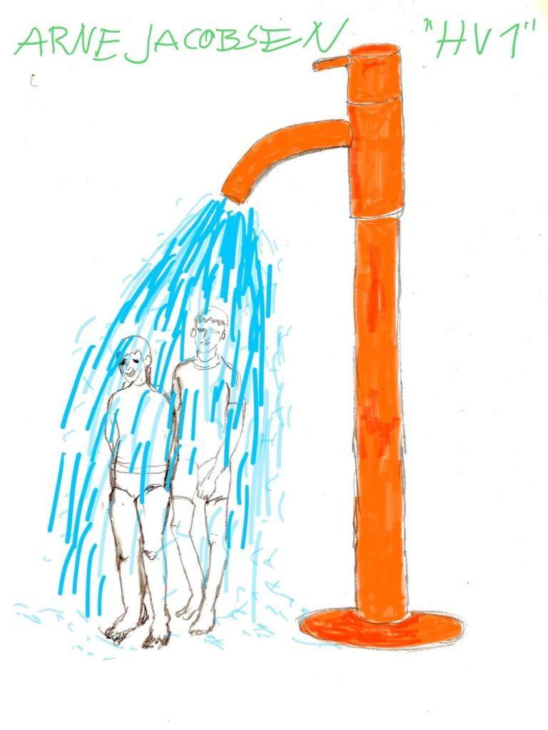 Ideenskizze der Stranddusche nach der Armatur HV1: ein orangefarbener Zylinder mit gebogenem Auslauf, darunter stehen zwei Badegäste im Wasserstrahl.