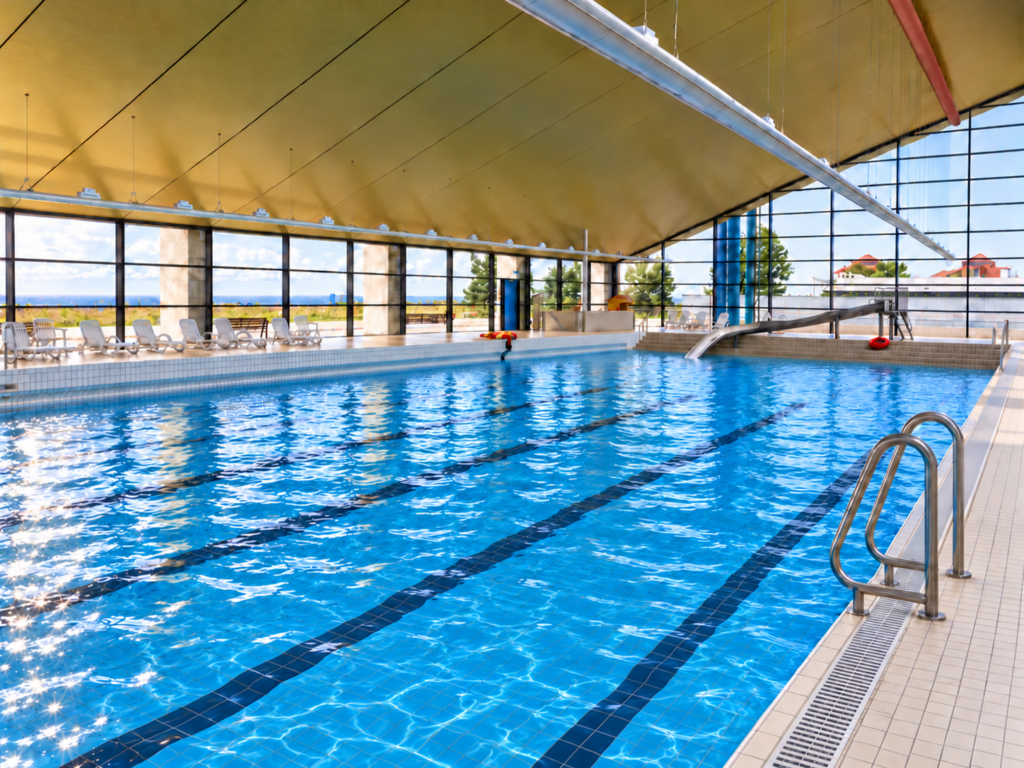 Zur Strandseite liegt die Halle niedriger. Aus dem Becken geht der Blick über die Dünen auf die Ostsee.